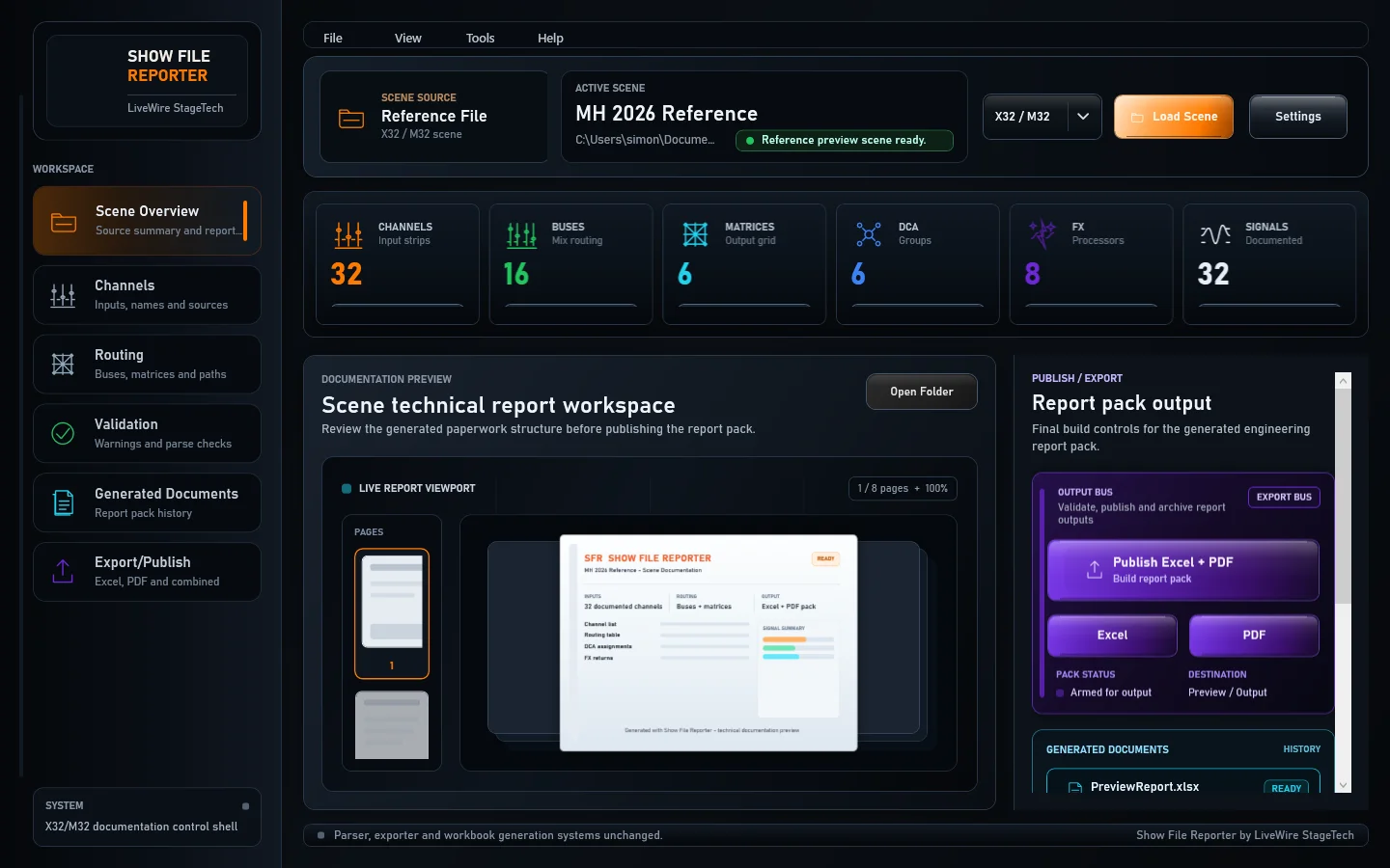 Show File Reporter reference interface with scene overview, channels, routing, validation and export panels.